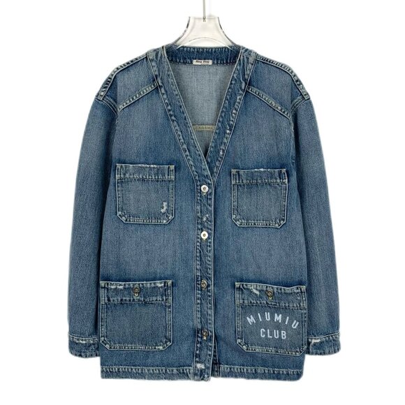 Miu Miu Womens Blue Cotton Denim Multi-Pocket Logo Printed Coat Sz 40 M Made In